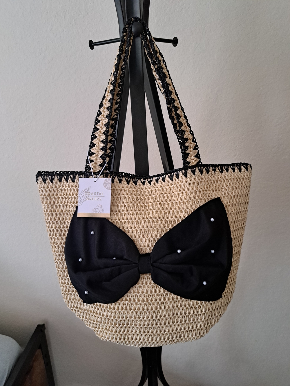 Women’s Cream Straw Tote with Black Bow - Picture 1 of 5